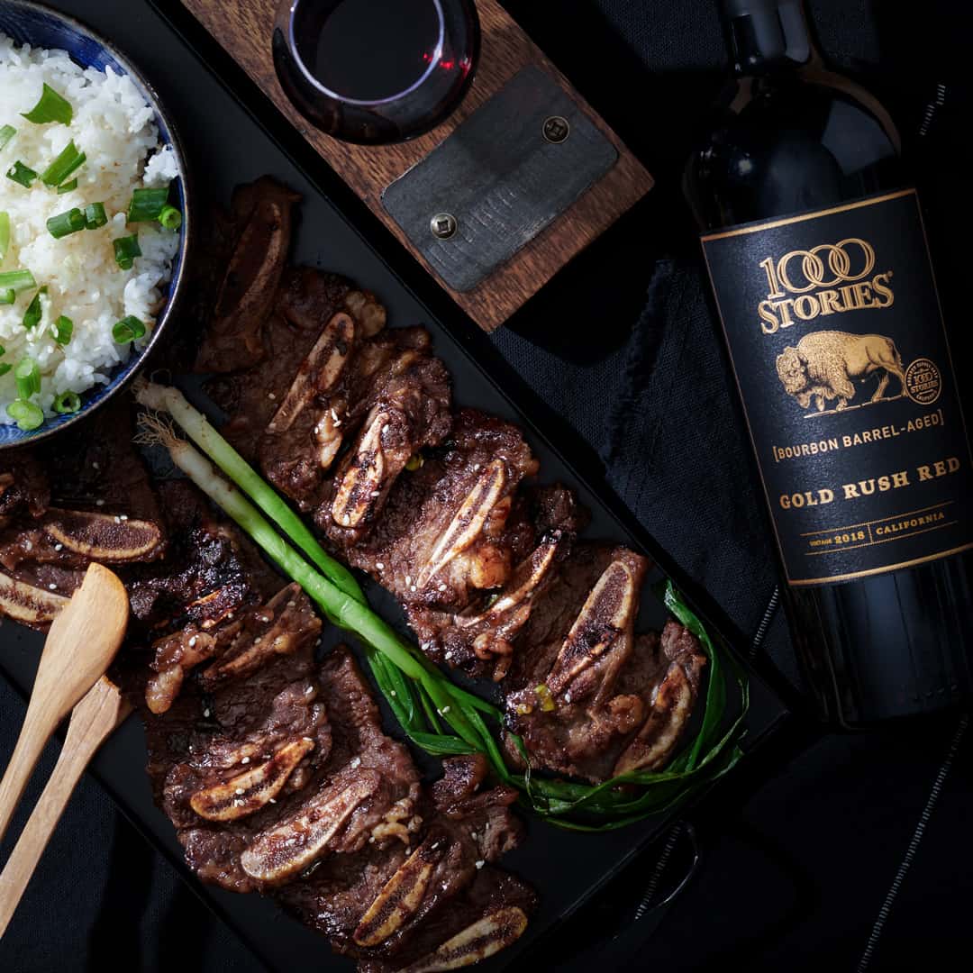 grilled Galbi Korean short ribs paired with 1000 Stories Gold Rush Red wine