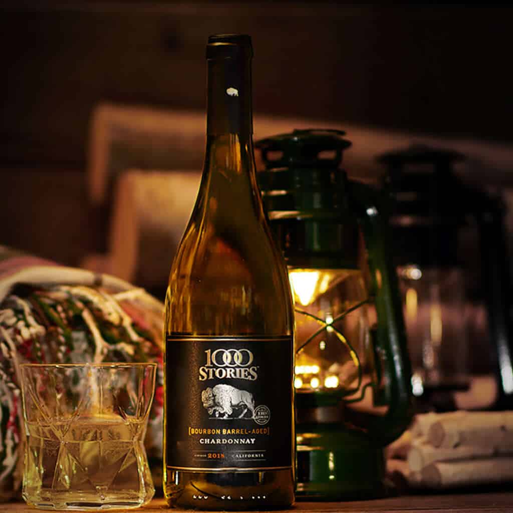 1000 Stories Chardonnay in a cozy winter cabin