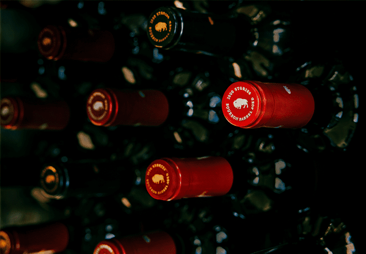 Wine Rack stacked with 1000 Stories wine bottles