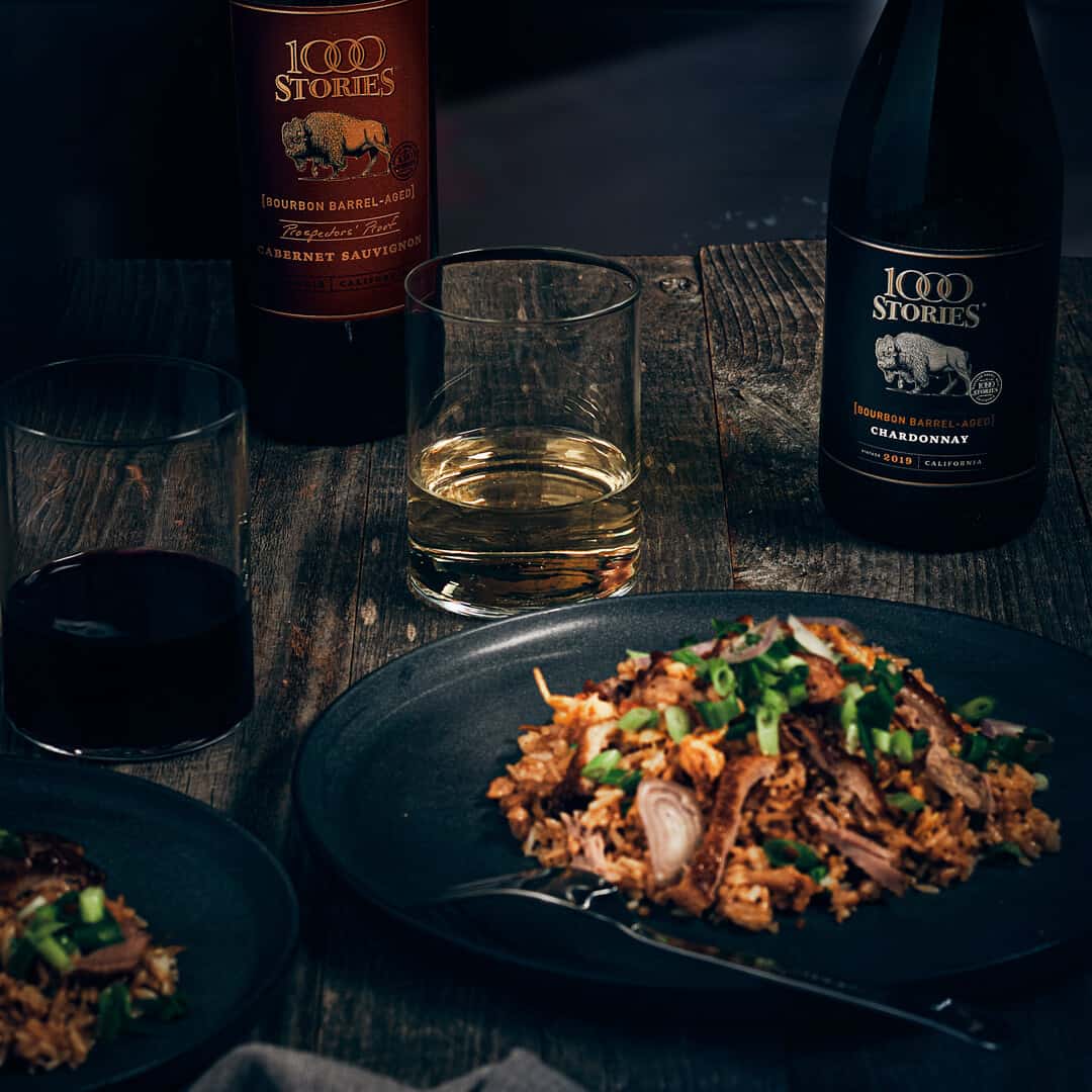 Duck Fried Rice with 1000 Stories Chardonnay and Cabernet Sauvignon