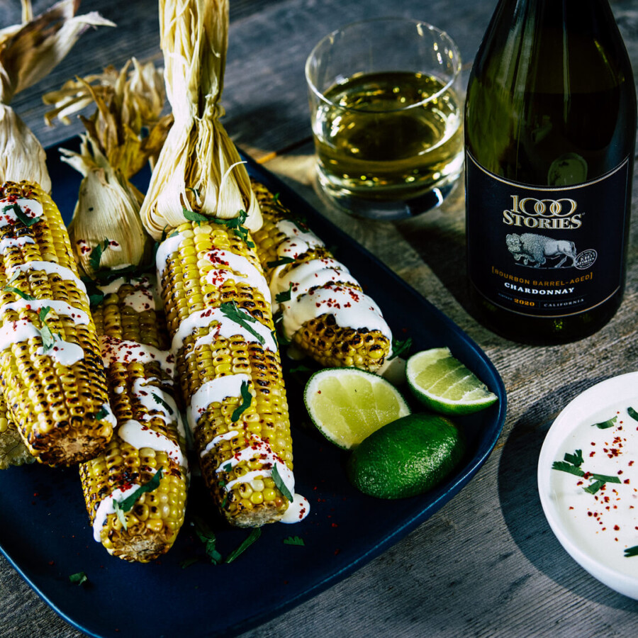 Elotes Mexican style grilled corn and 1000 Stories Wines Chardonnay